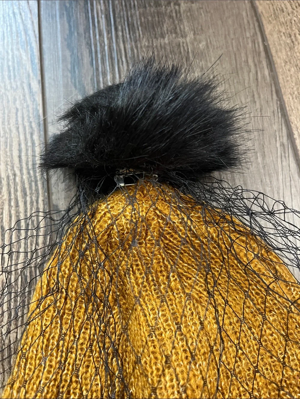 Veiled Knit Beanie in Mustard Yellow with Black Faux Fur Pom